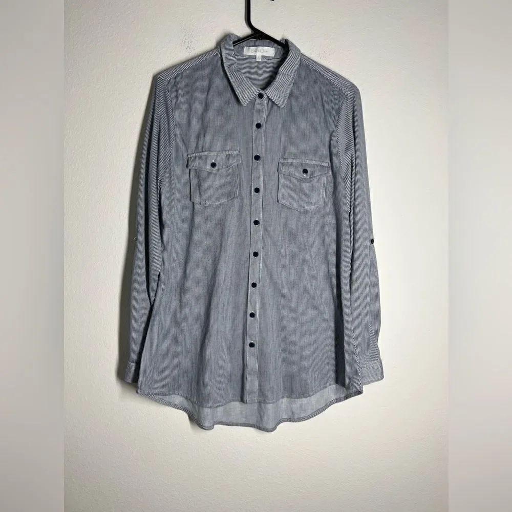 Eden & Olivia Striped Long Sleeve Button-Up Knitwear Shirt Top Size L